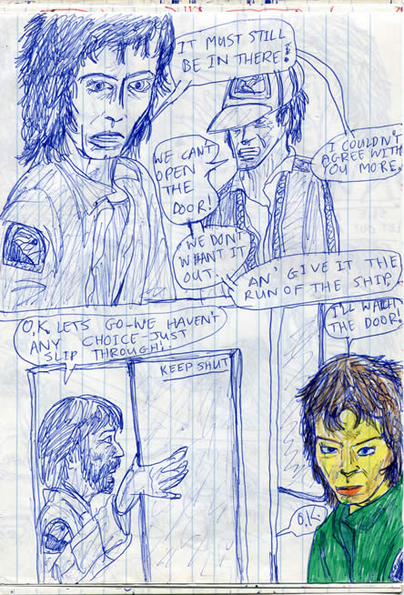Dallas and Ripley brace themselves to search the infirmary for the facehugger. Lambert bravely guards the door - ALIEN comic page