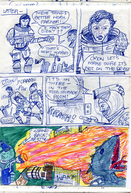 The crew find the alien in the food locker and let rip with flame-throwers - alien comic page