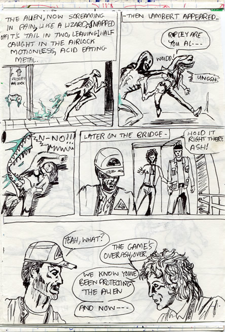 Lambert dies, the alien escapes with half a tail and Ripley accuses Ash - alien comic page
