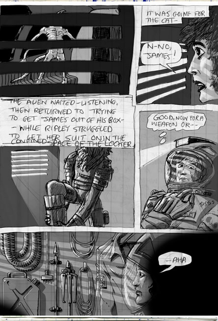 Ripley struggles into her spacesuit in the locker and searches for a weapon - alien comic page